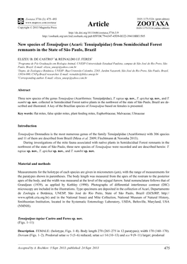 New Species of Tenuipalpus (Acari: Tenuipalpidae) from Semidecidual Forest Remnants in the State of São Paulo, Brazil