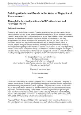 Building Attachment Bonds in the Wake of Neglect and Abandonment - 11Th August 2021 View Online At