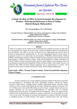 A Study the Role of Shgs in Socio-Economic Development of Women: with Special Reference to Panvel Taluka, District:Raigad, Maharashtra