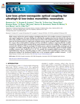 Low-Loss Prism-Waveguide Optical Coupling for Ultrahigh-Q Low-Index Monolithic Resonators