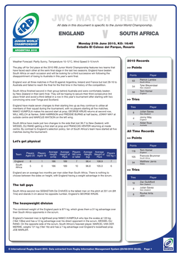 JWC MATCH PREVIEW All Data in This Document Is Specific to the Junior World Championship