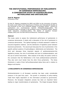 The Institutional Performance of Parliaments in Consensus Democracies: a Comparative Study of Austria,Belgium, Netherlands and Switzerland