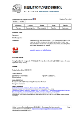 Haematoxylum Campechianum Global Invasive Species Database