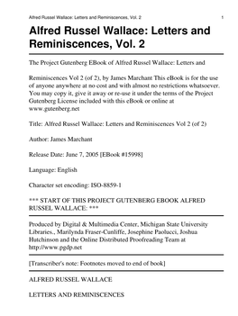Alfred Russel Wallace: Letters and Reminiscences, Vol