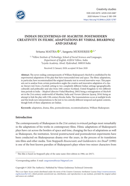 Indian Decentrings of Macbeth: Postmodern Creativity in Filmic Adaptations by Vishal Bhardwaj and Jayaraj