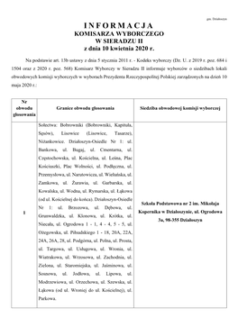 INFORMACJA KOMISARZA WYBORCZEGO W SIERADZU II Z Dnia 10 Kwietnia 2020 R