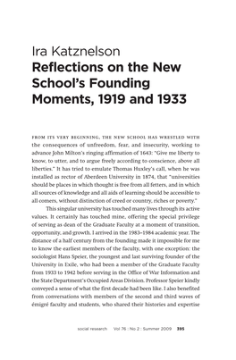 Ira Katznelson Reflections on the New School's Founding Moments, 1919