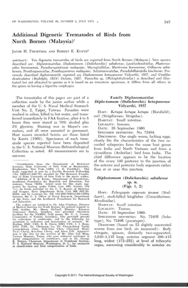 Additional Digenetic Trematodes of Birds from North Borneo (Malaysia)1