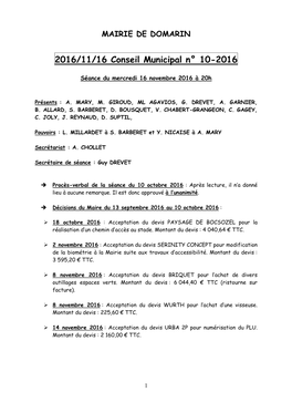 2016/11/16 Conseil Municipal N° 10-2016