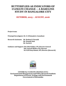 Butterflies As Indicators of Climate Change – a Baseline Study in Bangalore City