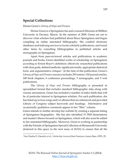 Special Collections Denise Green’S Library of Hope and Dreams Denise Green Is a Springsteen Fan and a Research Librarian at Millikin University in Decatur, Illinois
