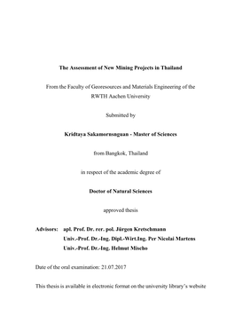 The Assessment of New Mining Projects in Thailand from the Faculty of Georesources and Materials Engineering of the RWTH Aachen