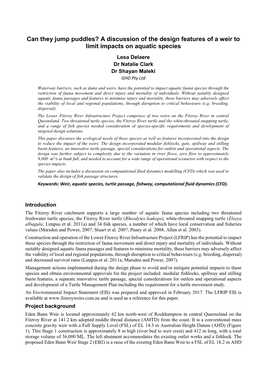 A Discussion of the Design Features of a Weir to Limit Impacts on Aquatic Species Lesa Delaere Dr Natalie Clark Dr Shayan Maleki GHD Pty Ltd