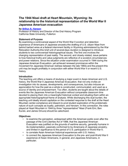 The 1944 Nisei Draft at Heart Mountain, Wyoming: Its Relationship to the Historical Representation of the World War II Japanese American Evacuation by Arthur A