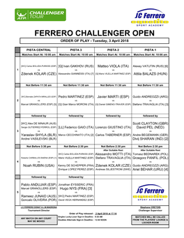 FERRERO CHALLENGER OPEN ORDER of PLAY - Tuesday, 3 April 2018