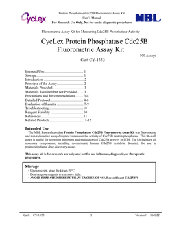 Cyclex Protein Phosphatase Cdc25b Fluorometric Assay Kit 100 Assays Cat# CY-1353