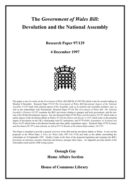 Government of Wales Bill: Devolution and the National Assembly