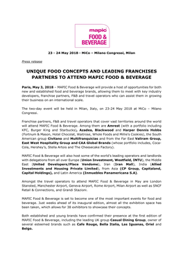 Unique Food Concepts and Leading Franchises Partners to Attend Mapic Food & Beverage