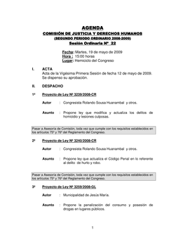 AGENDA COM ISIÓN DE JUSTICIA Y DERECHOS HUM ANOS (SEGUNDO PERIODO ORDINARIO 2008-2009) Sesión Ordinaria Nº 22