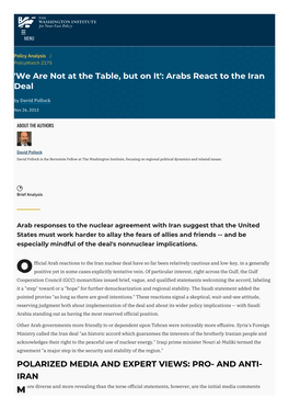 Arabs React to the Iran Deal by David Pollock