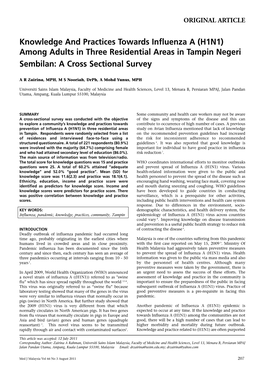 H1N1) Among Adults in Three Residential Areas in Tampin Negeri Sembilan: a Cross Sectional Survey