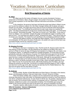 Brief Biographies of Saints