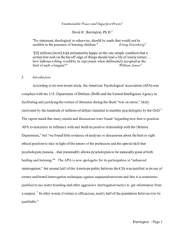 Unattainable Peace and Imperfect Praxis1 David R. Harrington, Ph.D.2