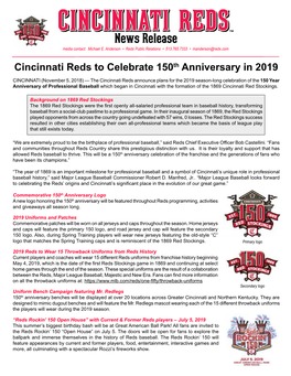 Cincinnati Reds to Celebrate 150Th Anniversary in 2019