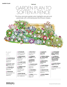 GARDEN PLAN to SOFTEN a FENCE This Blue-And-Pink Garden Plan Highlights Annuals and Perennials with Contrasting Leaf and Flower Shapes