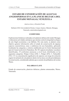 Estado De Conservación De Algunas Angiospermas En La Planicie Deltaica Del Estado Monagas, Venezuela