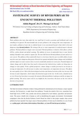 SYSTEMATIC SURVEY of RIVER PERIYAR to ENCOUNT THERMAL POLLUTION Akhila Rupesh1, Dr.J.V