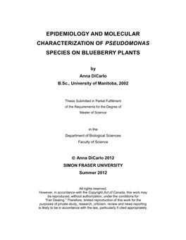 Epidemiology and Molecular Characterization of Pseudomonas Species on Blueberry Plants