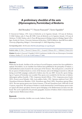 Hymenoptera, Formicidae) of Andorra 13 Doi: 10.3897/Zookeys.277.4684 Checklist Launched to Accelerate Biodiversity Research