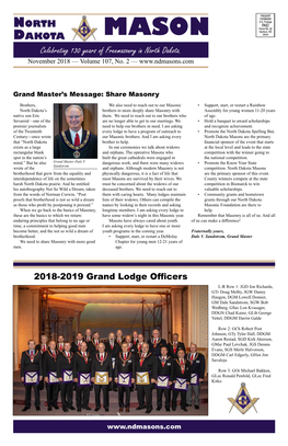 Celebrating 130 Years of Freemasonry in North Dakota. November 2018 — Volume 107, No