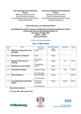 City and Hackney Local Outbreak Board Agenda PDF