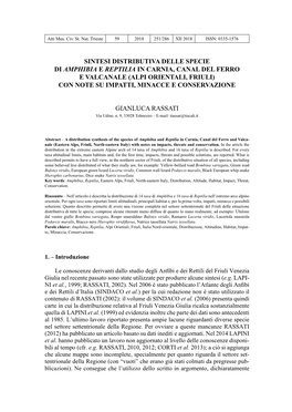 Sintesi Distributiva Delle Specie Di Amphibia E Reptilia in Carnia, Canal Del Ferro E Valcanale (Alpi Orientali, Friuli) Con Note Su Impatti, Minacce E Conservazione