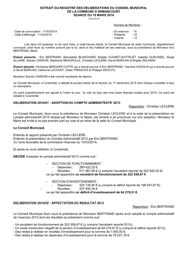 Extrait Du Registre Des Deliberations Du Conseil Municipal De La Commune D’Armancourt Seance Du 19 Mars 2014 -=-=-=-=