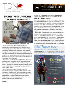 Stonestreet Launches Yearling Warranty the Samples Were Tested by Gluck for Bisphosphonates and Anabolic Steroids