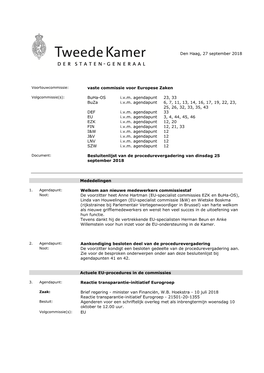 Besluitenlijst Procedurevergadering EUZA Dd 25 September 2018