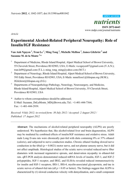 Experimental Alcohol-Related Peripheral Neuropathy: Role of Insulin/IGF Resistance