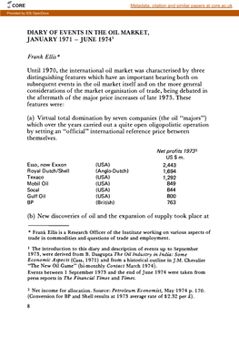 Diary of Events in the Oil Market, January 1971 June 1974'