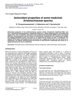 Antioxidant Properties of Some Medicinal Aristolochiaceae Species