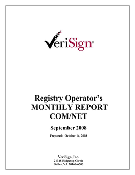 Verisign, Inc. Registry Sensitive Information