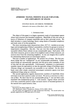 APERIODIC TILINGS, POSITIVE SCALAR CURVATURE, and AMENABILITY of SPACES the Object of This Paper Is to Begin a Geometric Study O