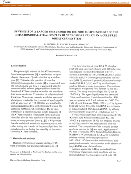 SYNTHESIS of a LARGER PRECURSOR for the PROTEOLIPID SUBUNIT of the MITOCHONDRIAL Atpase COMPLEX of NEURUSPURA CRASSR in a CELL-FREE WHEAT GERM SYSTEM