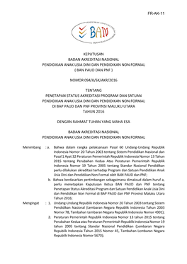 Keputusan Badan Akreditasi Nasional Pendidikan Anak Usia Dini Dan Pendidikan Non Formal ( Ban Paud Dan Pnf ) Nomor 094/K/Sk/Akr