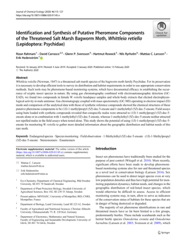 Identification and Synthesis of Putative Pheromone Components of the Threatened Salt Marsh Bagworm Moth, Whittleia Retiella (Lepidoptera: Psychidae)