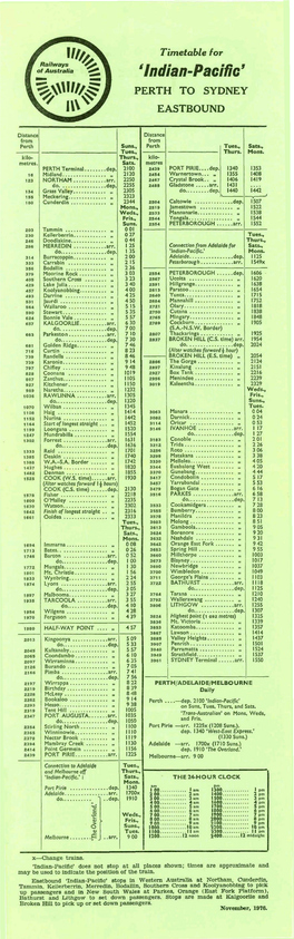 Indian Pacific Passenger Timetable November 1976