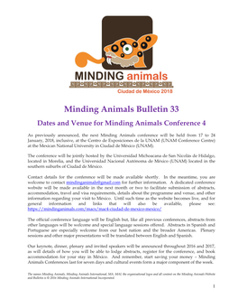 Minding Animals Bulletin 33 Dates and Venue for Minding Animals Conference 4