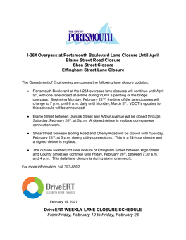 I-264 Overpass at Portsmouth Boulevard Lane Closure Until April Blaine Street Road Closure Shea Street Closure Effingham Street Lane Closure